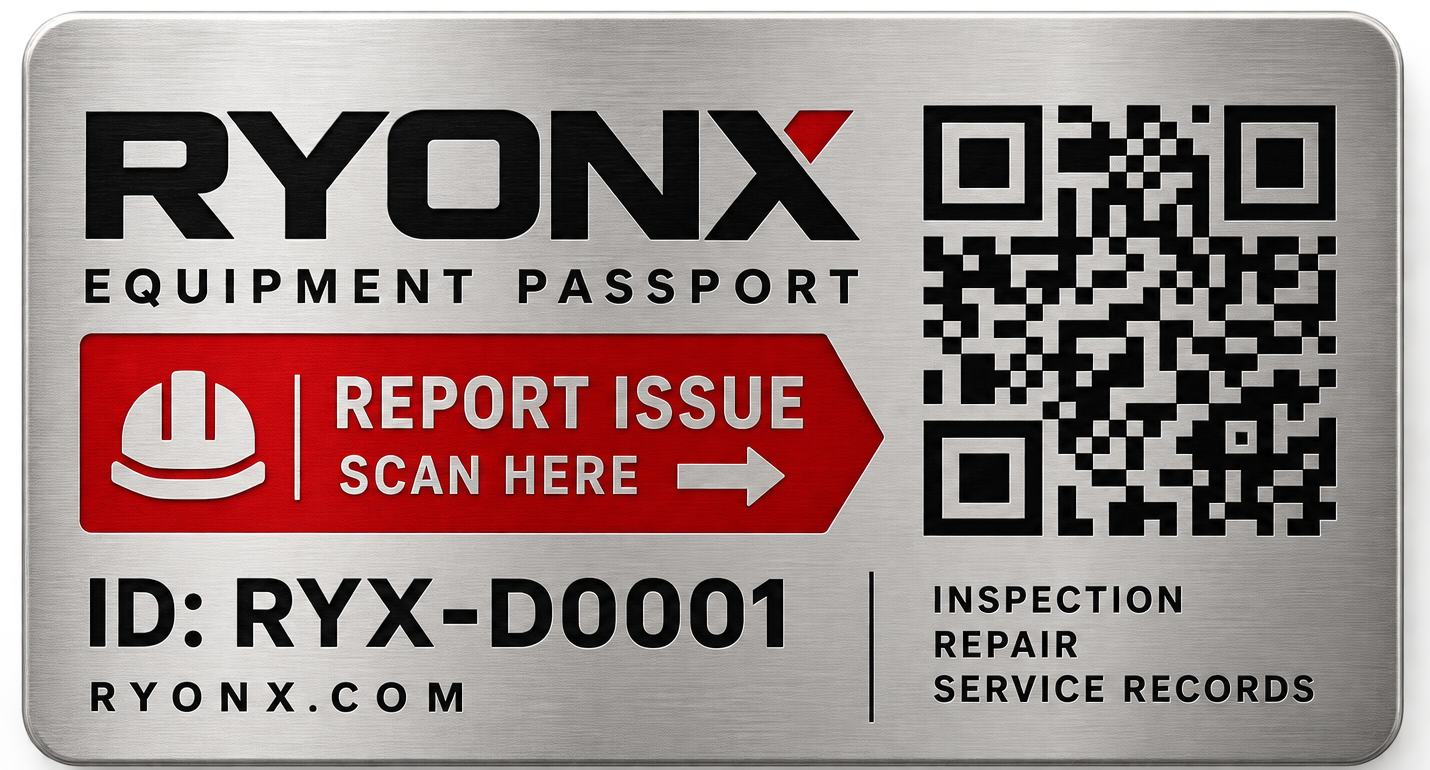 RYONX stainless steel Equipment Passport with Report Issue Scan Here QR code