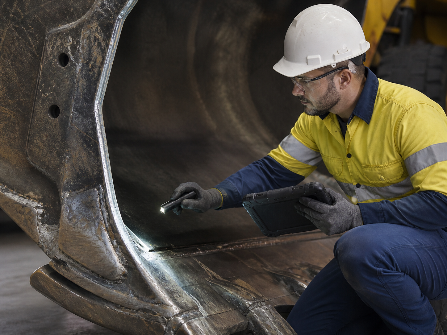 Inspector examining a mining bucket