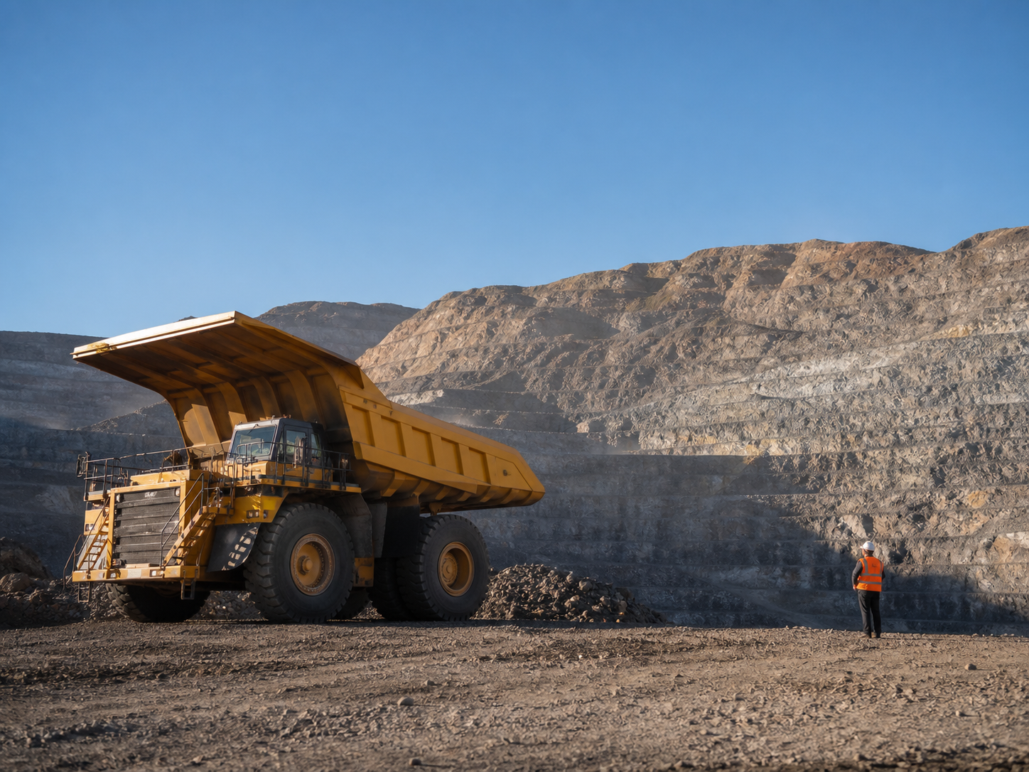 Mining dump body operating at an open-pit mine